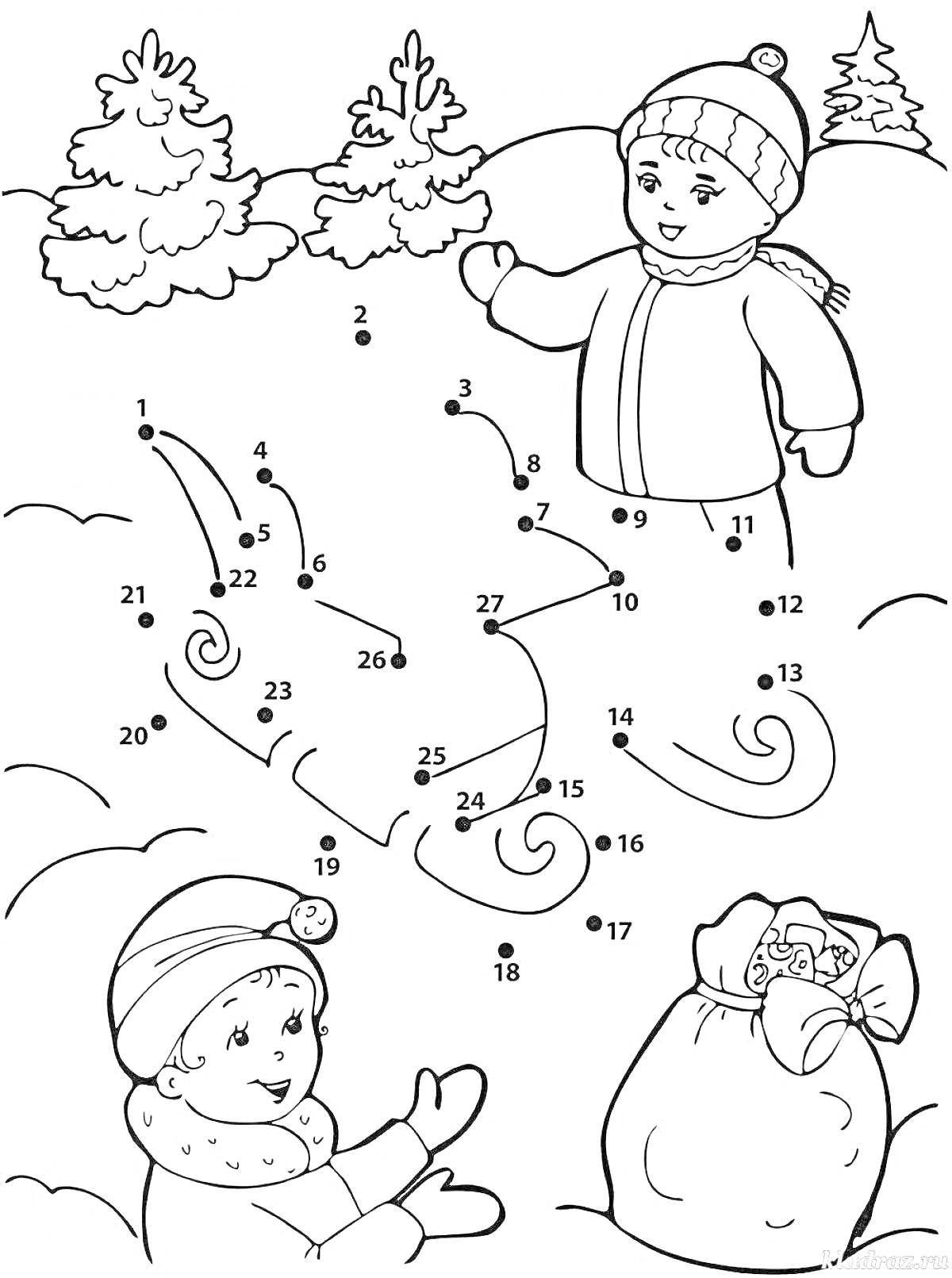 На раскраске изображено: Зима, Снег, Ёлки, Подарки, Снежинки, Точки