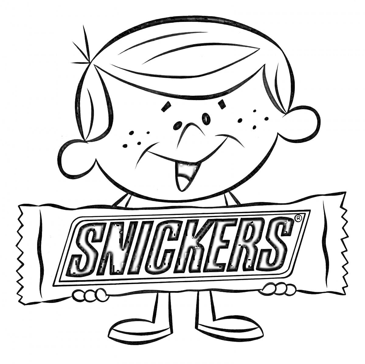 Раскраска Мальчик с шоколадкой Snickers