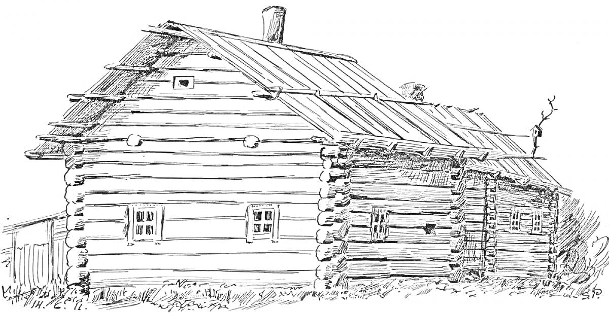 Раскраска Русская изба с деревянными стенами, окнами и крышей