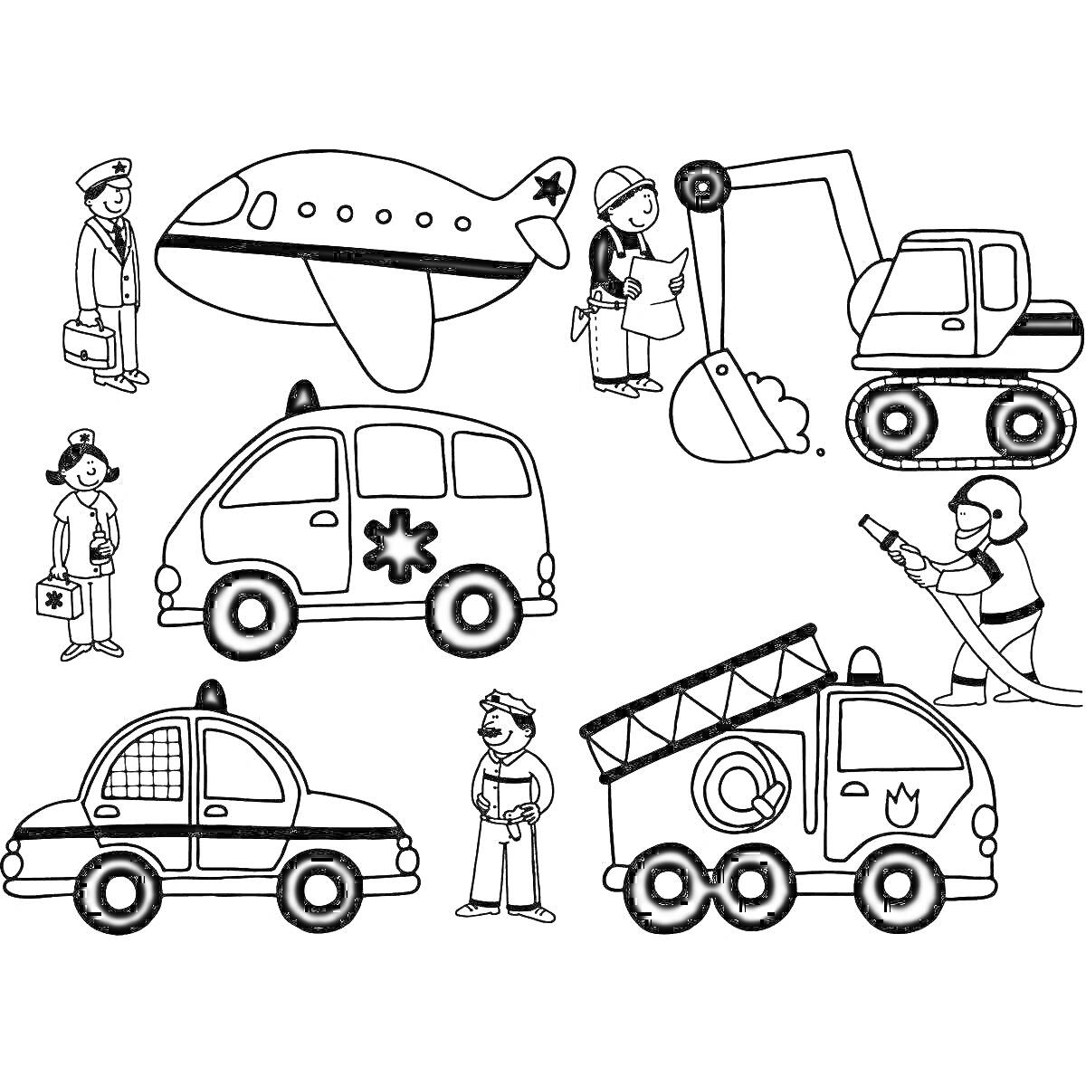 На раскраске изображено: Транспорт, 6 лет, 7 лет, Экскаватор, Скорая помощь, Полицейская машина, Пожарная машина