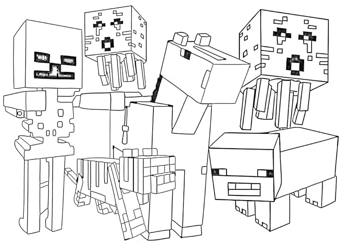 Раскраска Скелет, гасты, медведь, осёл и свинья из Minecraft