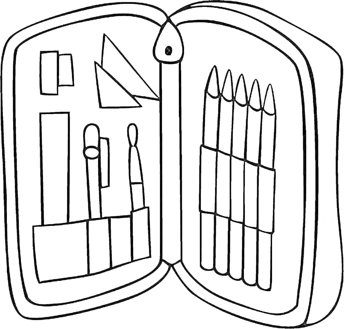 Раскраска Школьный пенал с карандашами, линейкой, уголком, ручками и ластиком
