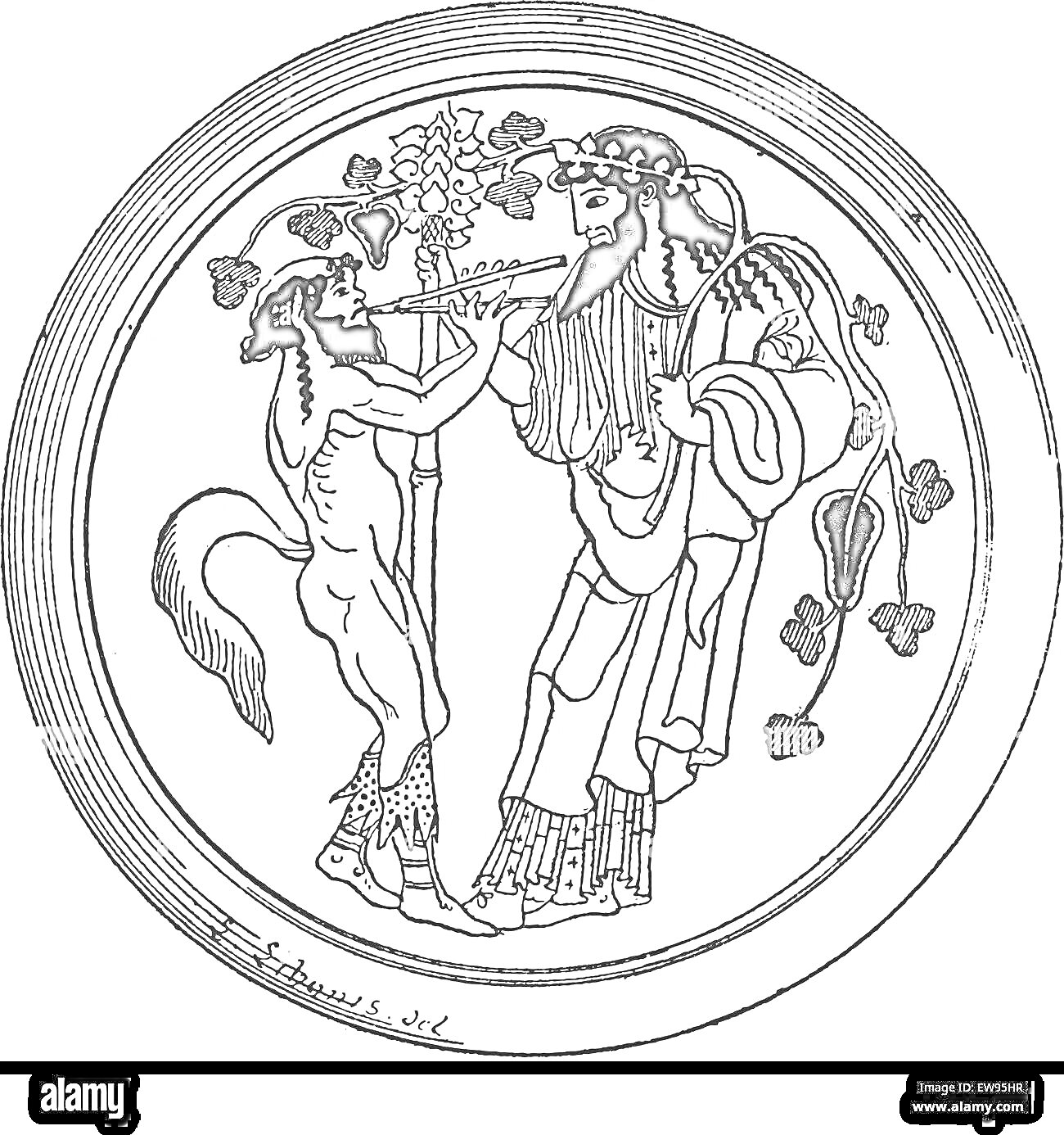 На раскраске изображено: Сатир, Флейта, Виноградная лоза, Божество, Античность, Мифические существа