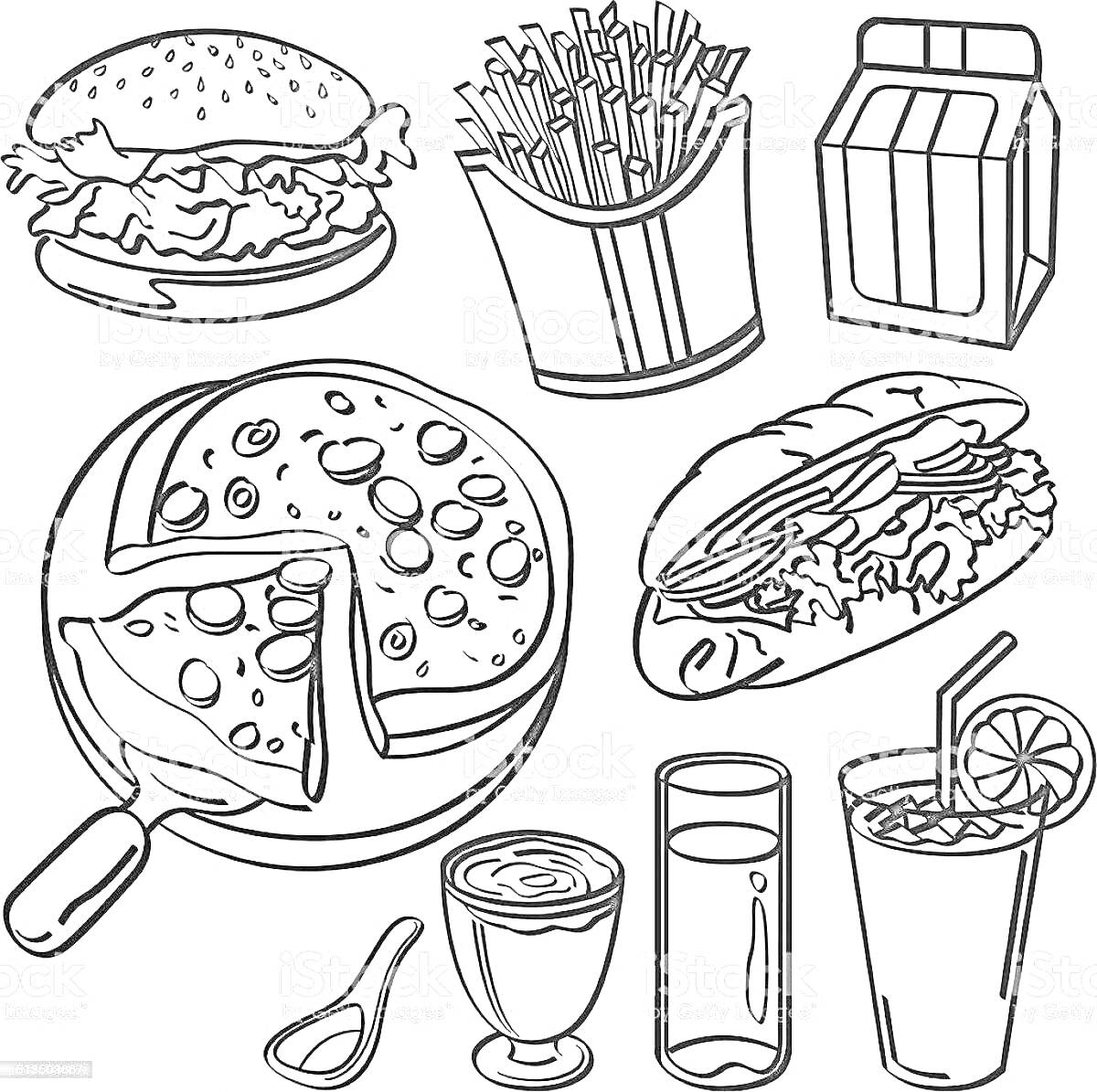 Раскраска бургер, картофель фри, коробка, сэндвич, пицца, мороженое, ложка, стакан воды, стакан с трубочкой и лимоном