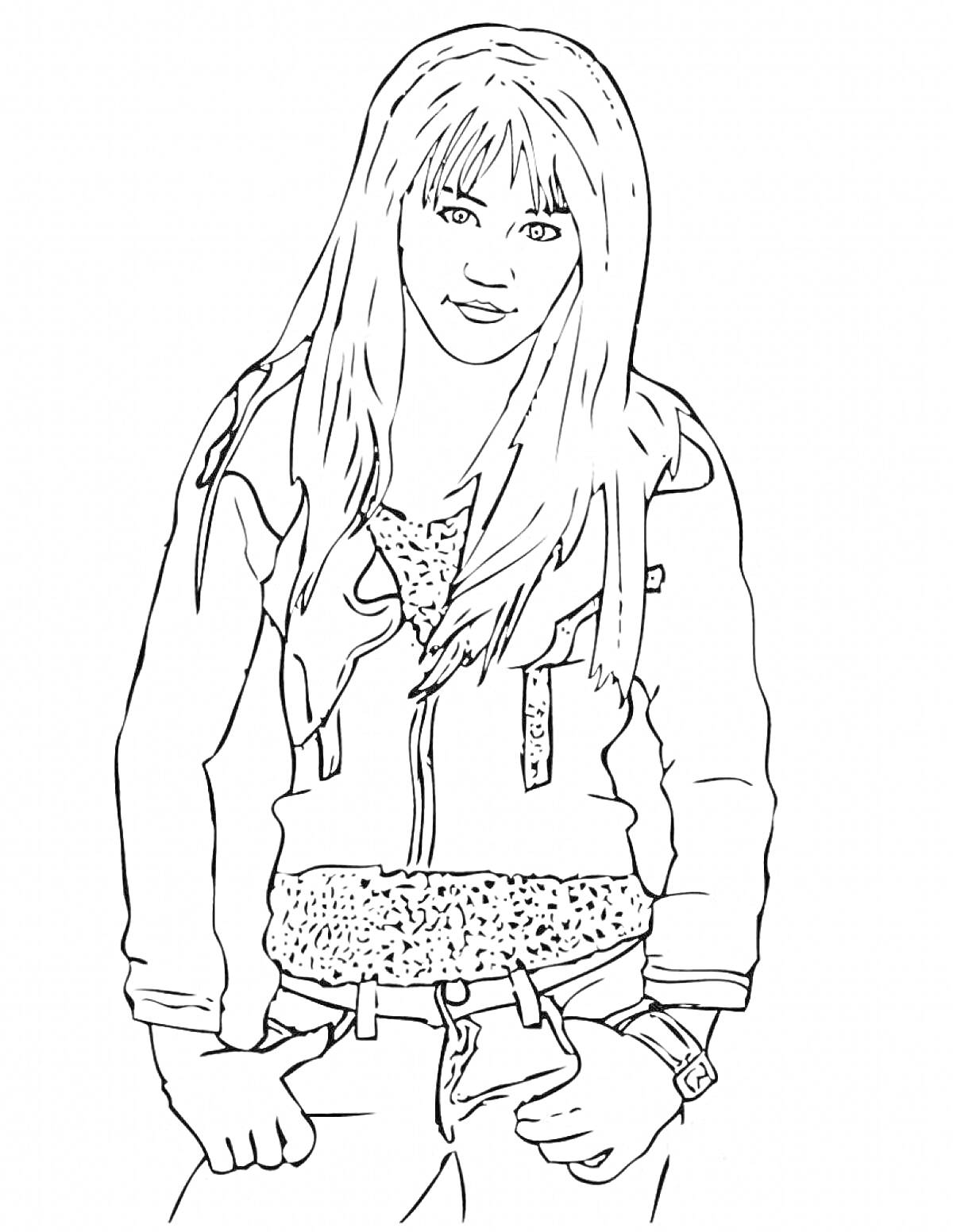 Раскраска Девушка с длинными волосами в куртке и джинсах