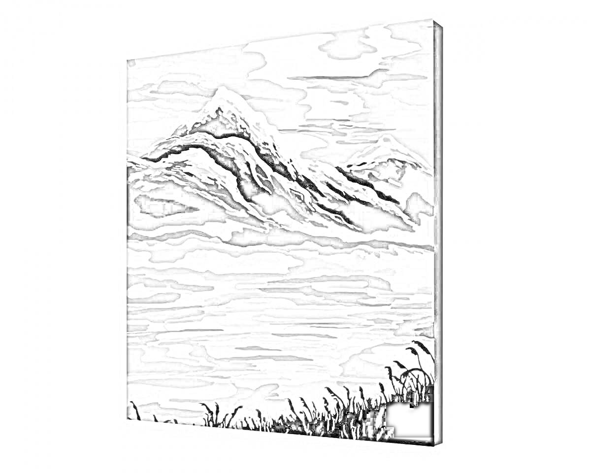 На раскраске изображено: Горы, Озеро, Трава, Пейзаж, Природа, Облака