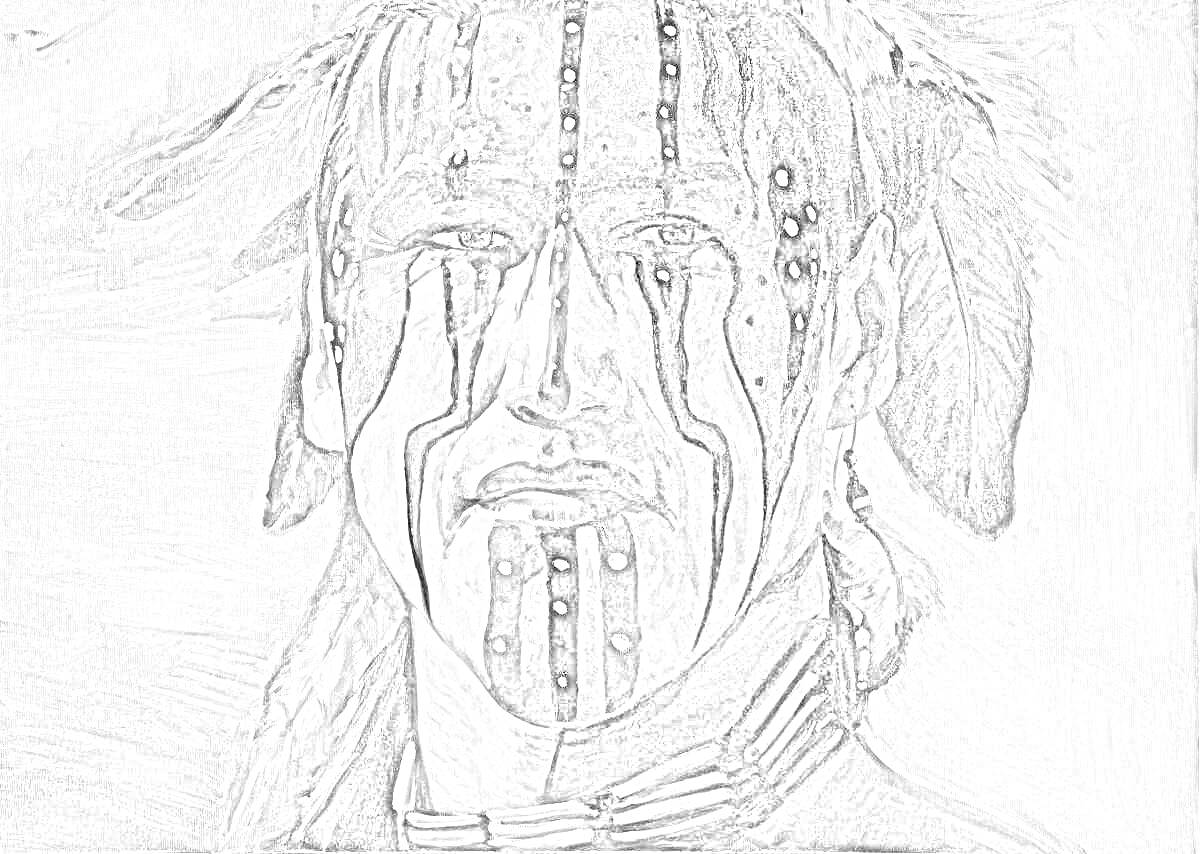 Раскраска Индейский воин с боевой раскраской и головным убором