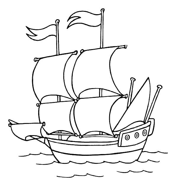 Корабль с тремя парусами, двумя флагами и горизонтальной водой