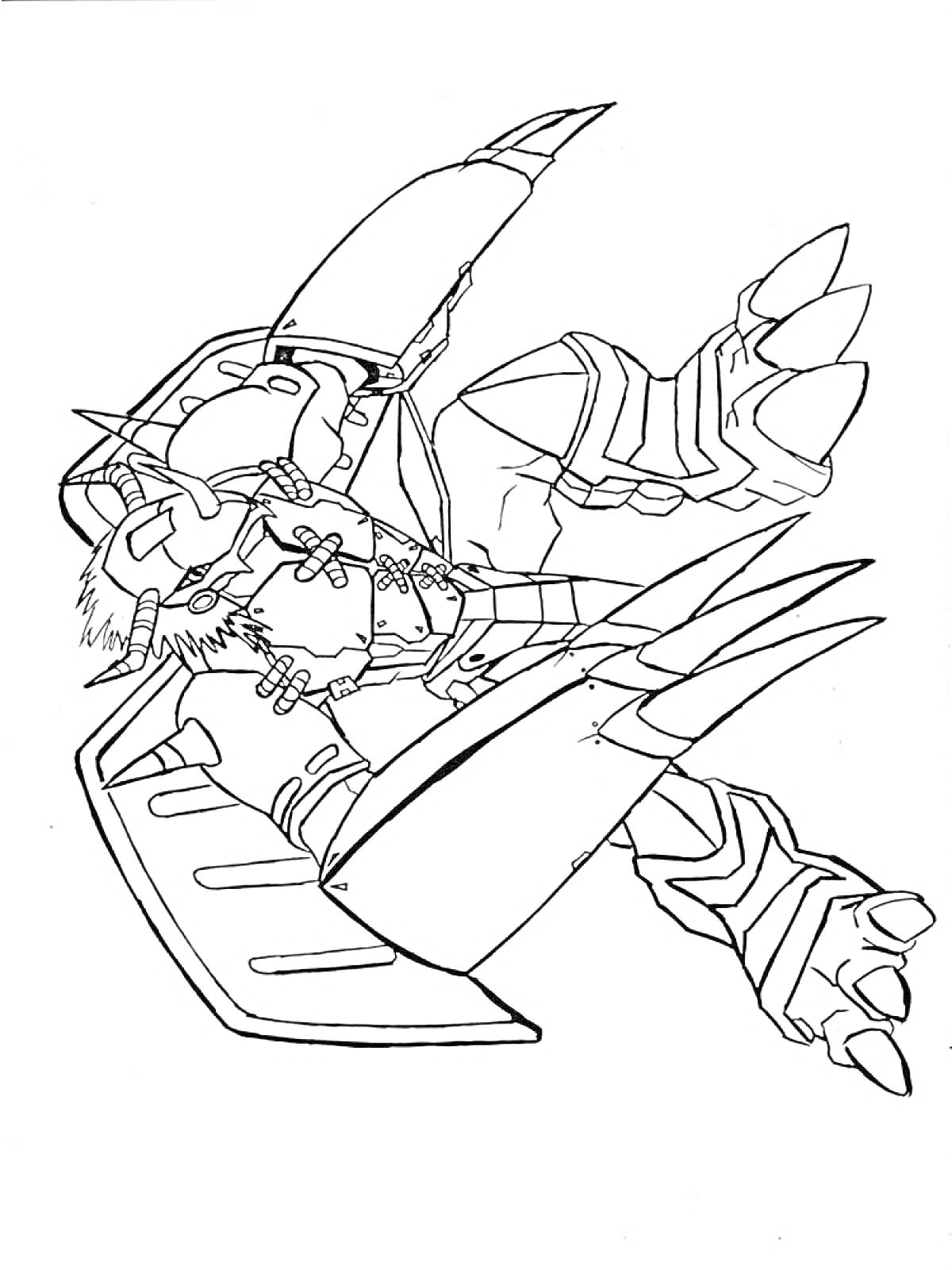 Раскраска Дигимон с крупными лапами, крыльями и шипами на теле