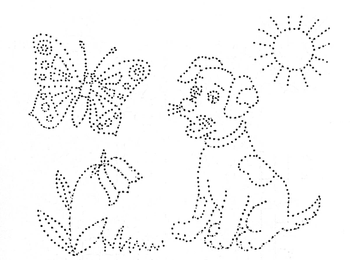 На раскраске изображено: По точкам, Собака, Бабочка, Солнце, Природа, Активность, Для детей, Цветы