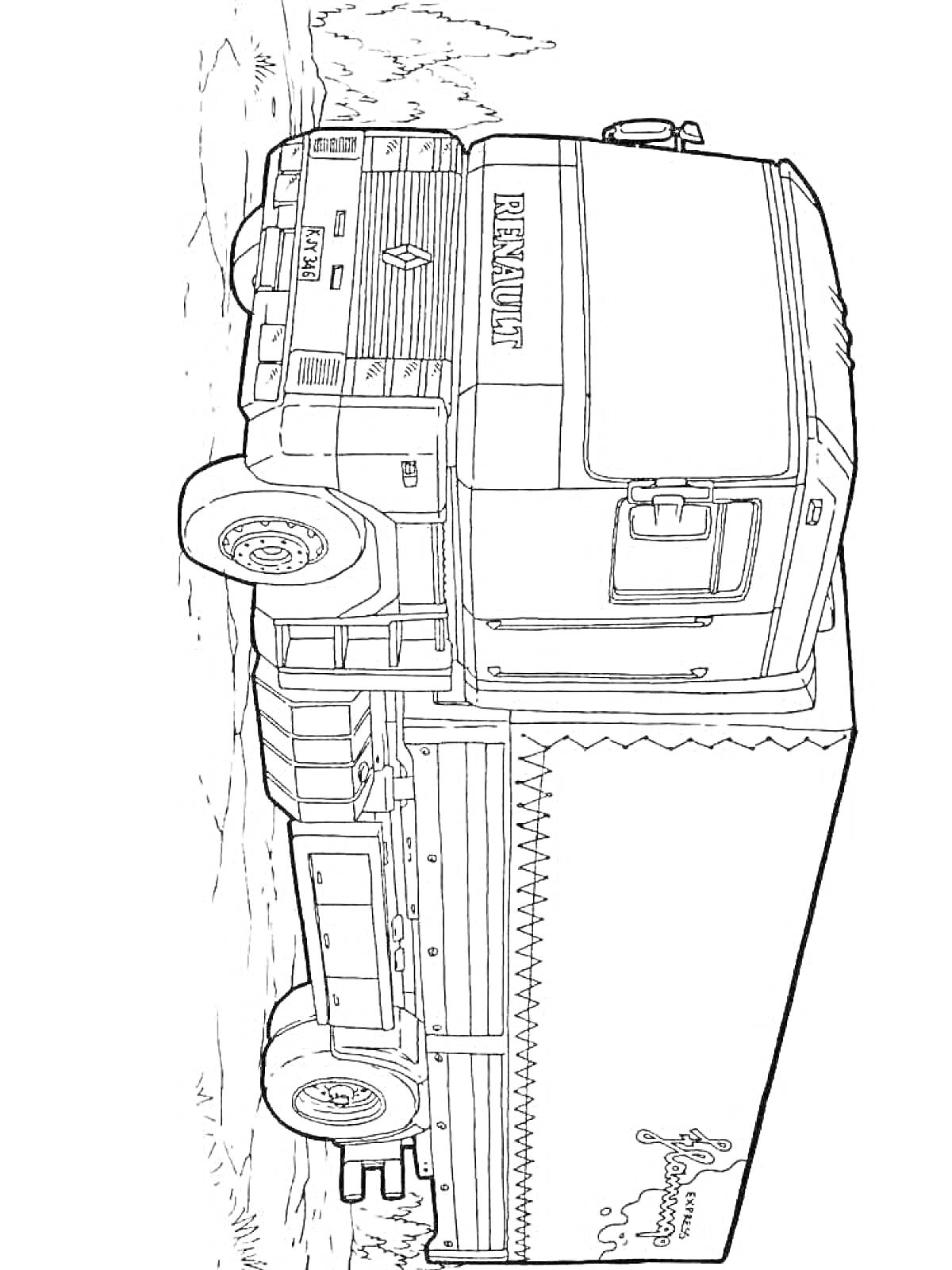 Раскраска Грузовик Renault с прицепом на фоне деревьев