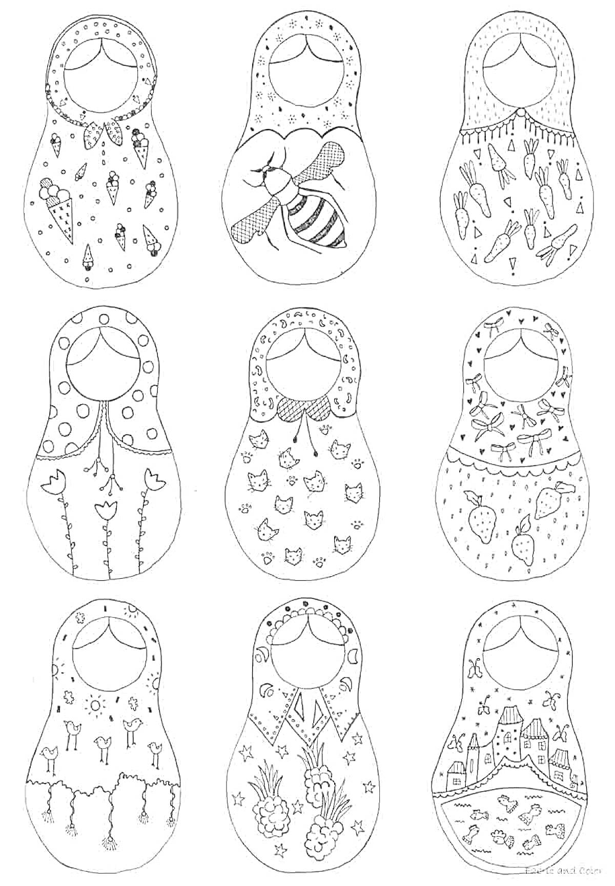 Раскраска Раскраска с матрешками. Элементы: ледяные крыши, пчела, морковь, бабочки, лилии и луговые цветы, сердце и ягоды, тюльпаны, петух и цветы, замок, деревья и домики.