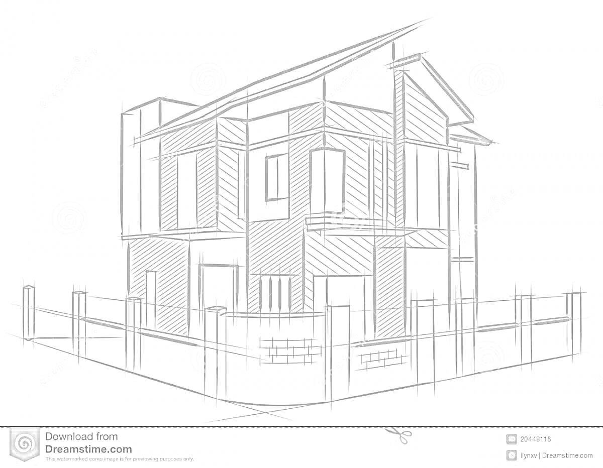 Раскраска Дом за оградой, архитектурный проект двухэтажного здания