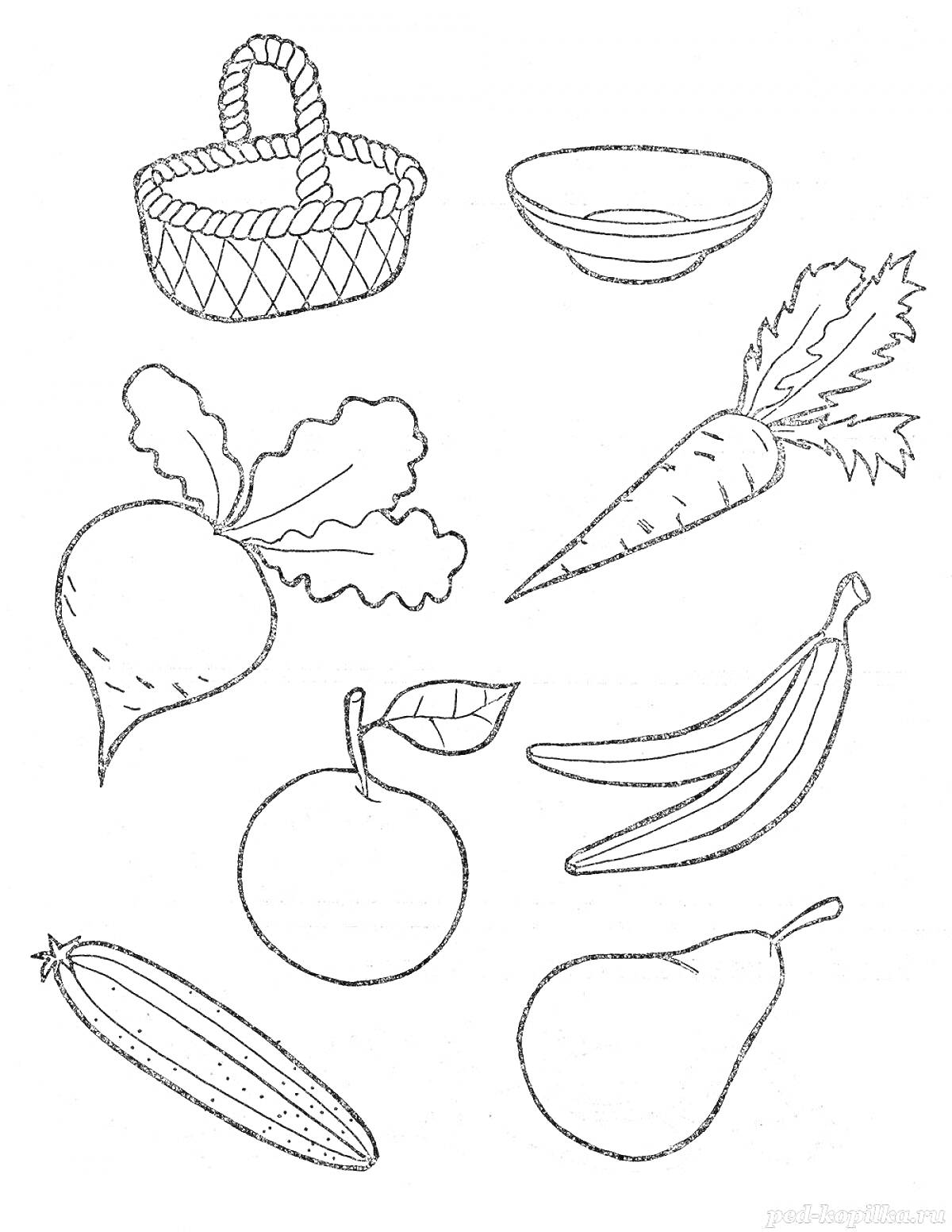 Раскраска Корзина с фруктами и овощами. Элементы: корзина, миска, морковь, свекла, яблоко, бананы, кукуруза, груша