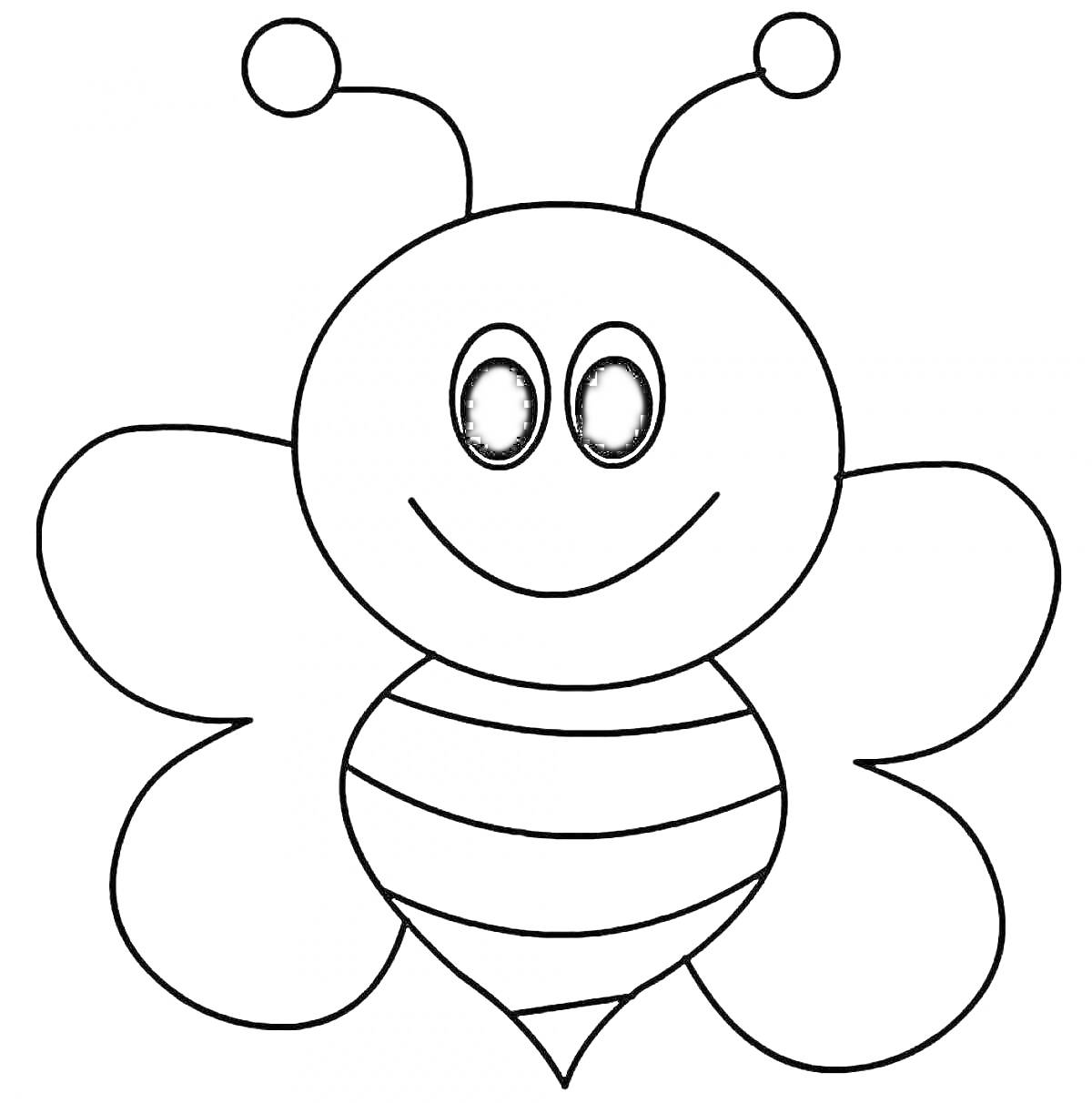 На раскраске изображено: Пчелка, Насекомое, Усики, Крылья, Тело, Полосы, Улыбка