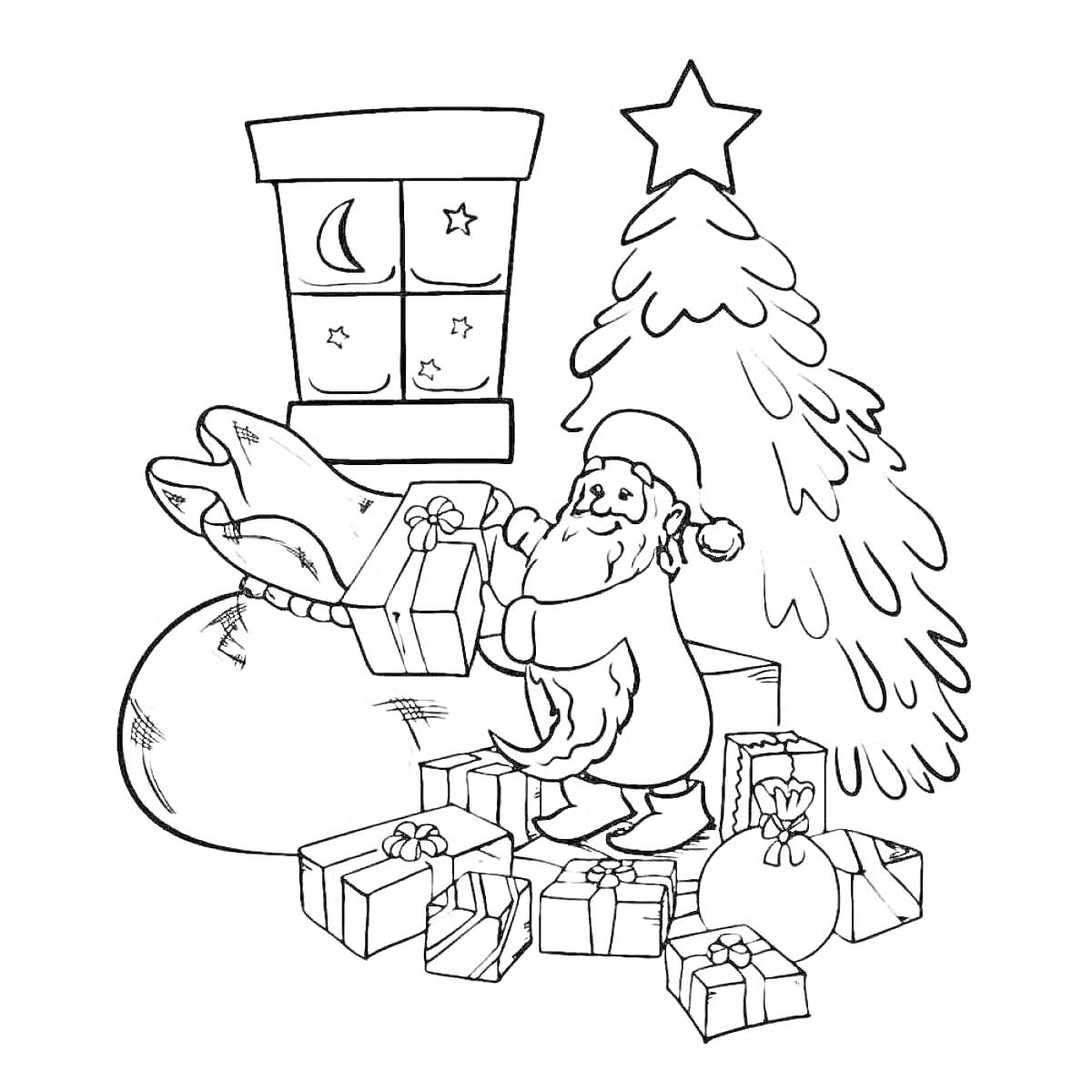 На раскраске изображено: Дед Мороз, Подарки, Ночь, Звезды, Луна, Рождество, Новый год, Окна, Елки, Мешки