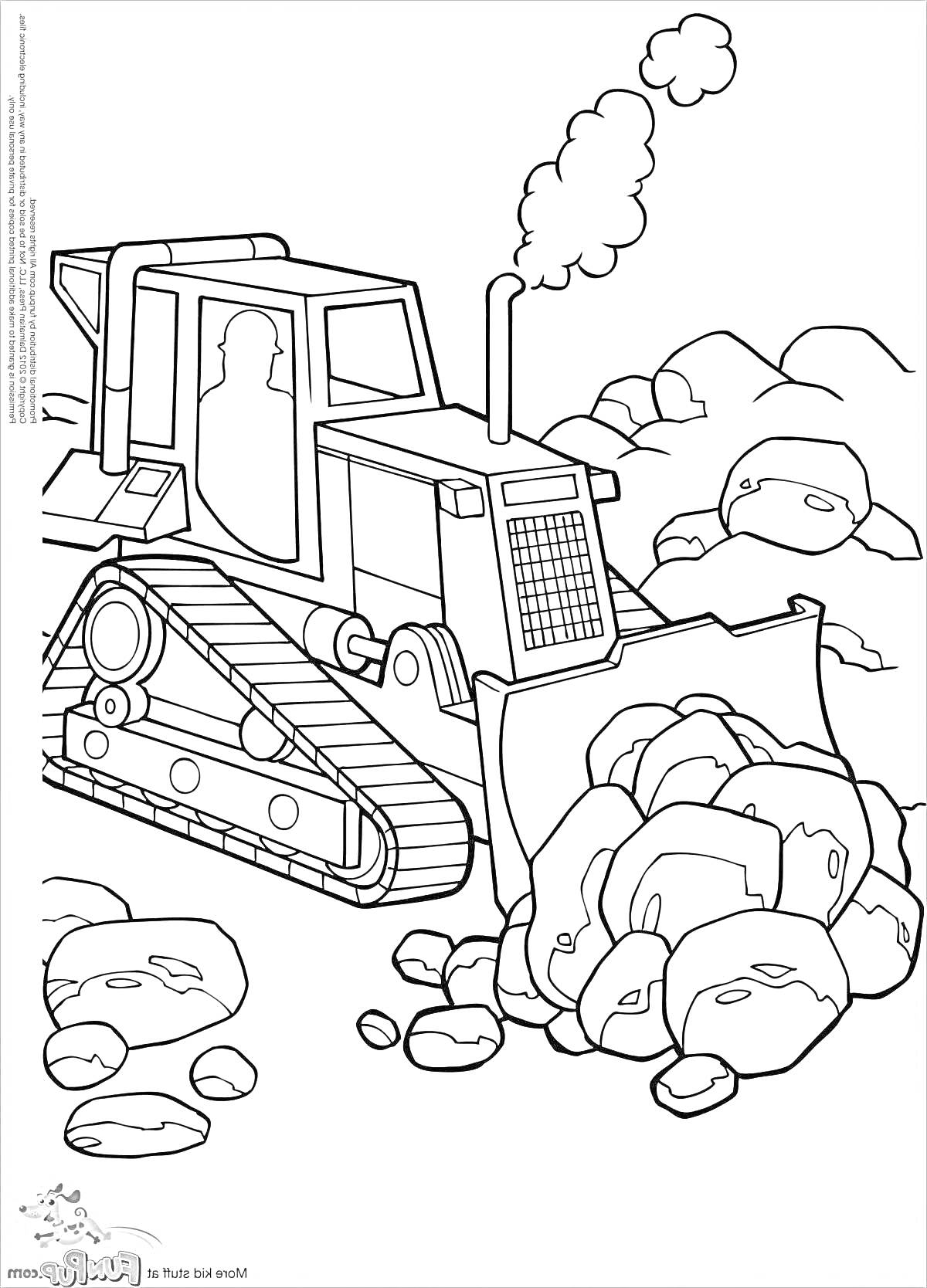 Раскраска Бульдозер, расчищающий каменистую дорогу