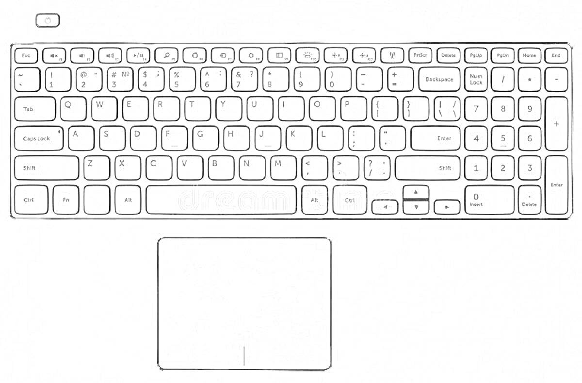 Раскраска Клавиатура ноутбука с тачпадом и кнопкой включения