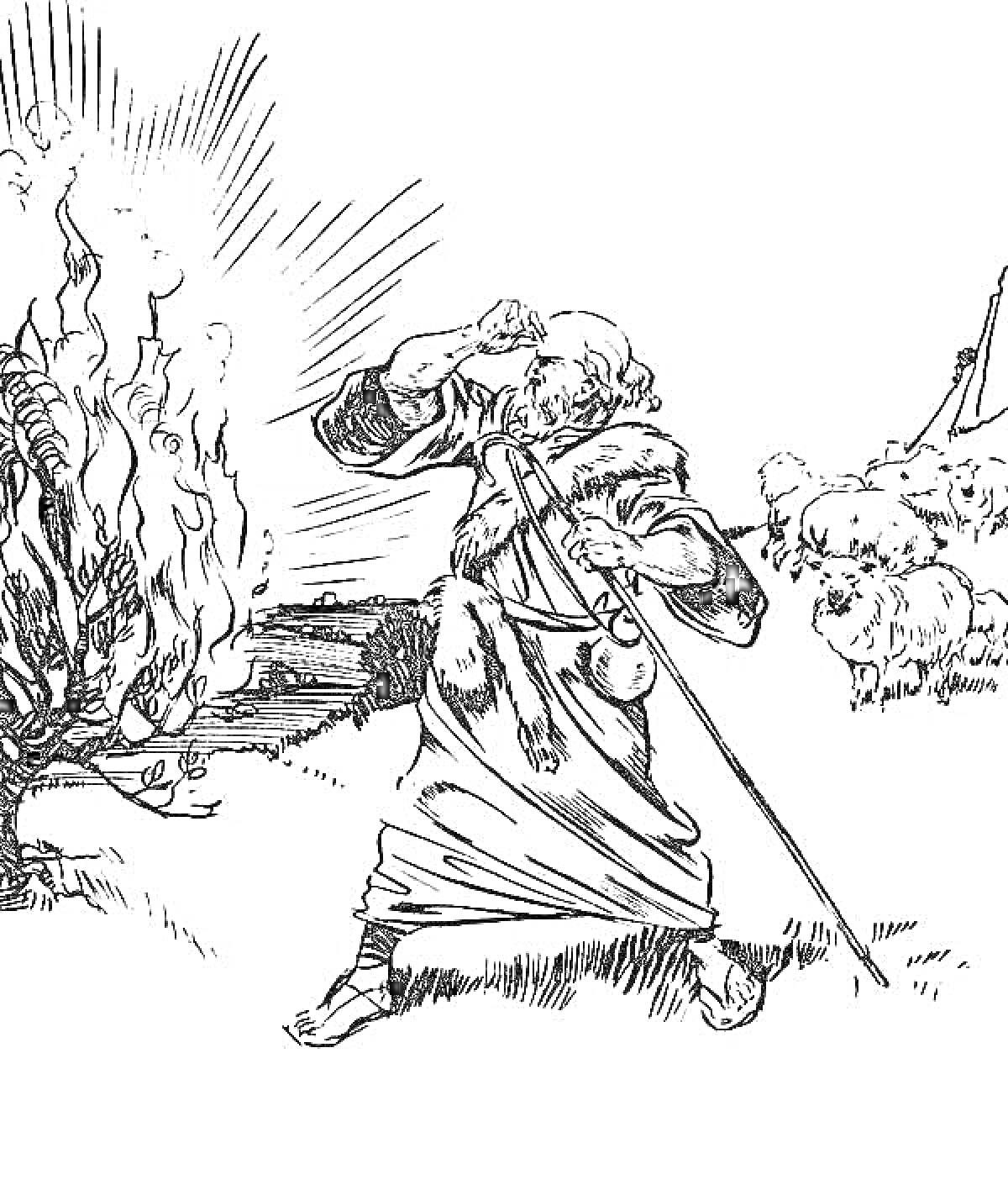 Раскраска Моисей перед неопалимой купиной и стадо овец