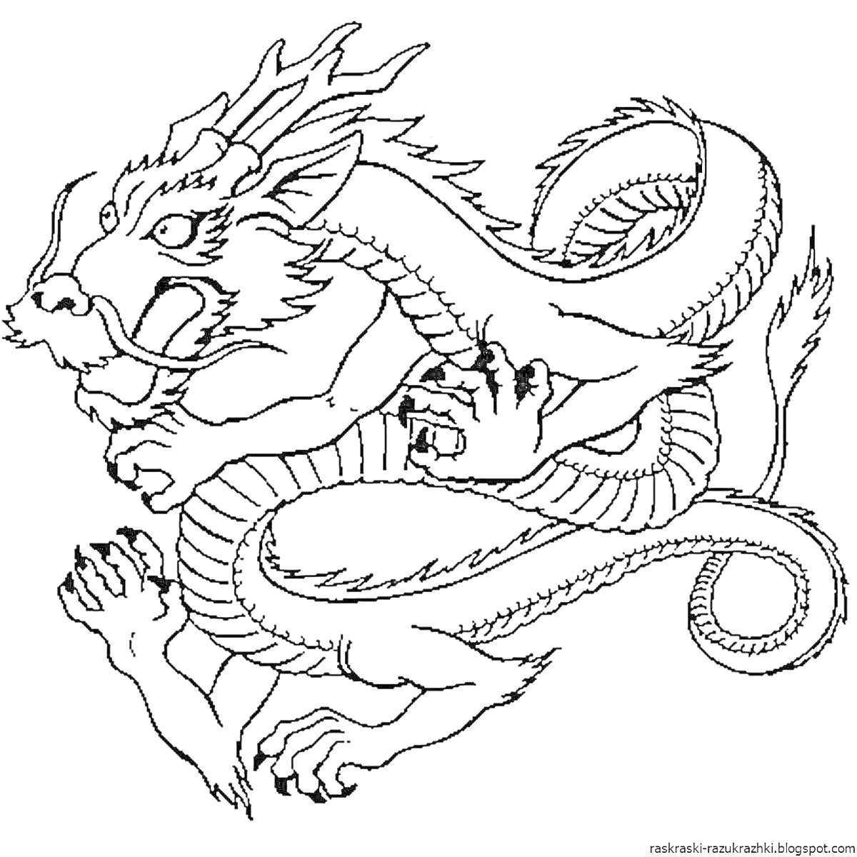 Раскраска Китайский дракон с рогами и когтями, с завитым хвостом