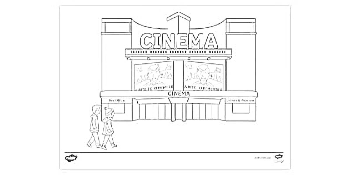 Раскраска кинотеатр с вывеской 