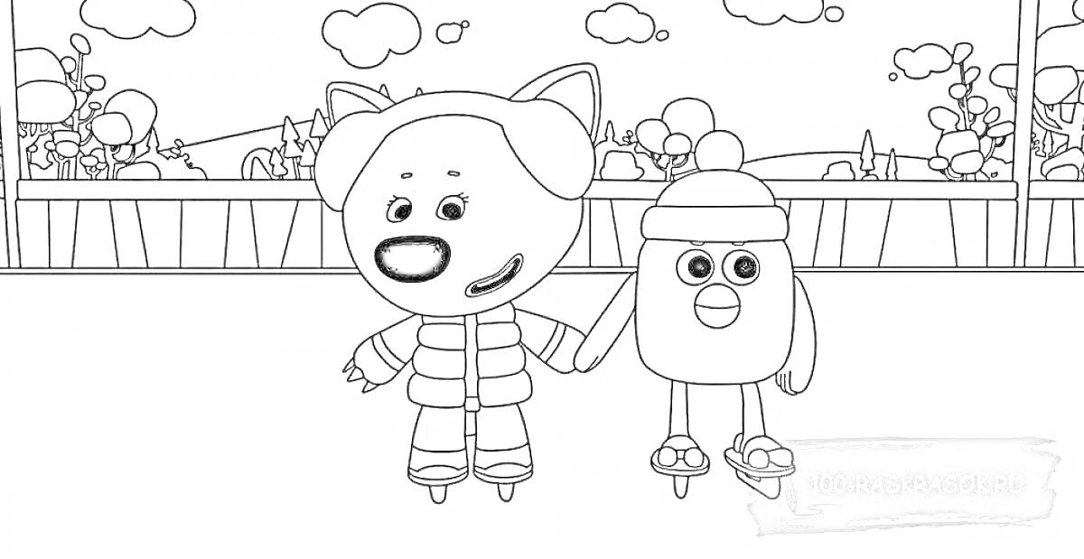 Раскраска два персонажа на катке, медведь и сова в зимней одежде, катание на коньках, деревья и забор на заднем плане, облака в небе