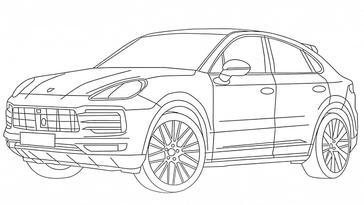 Раскраска Porsche Cayenne, вид сбоку с элементами кузова и колес, фары и решетка радиатора