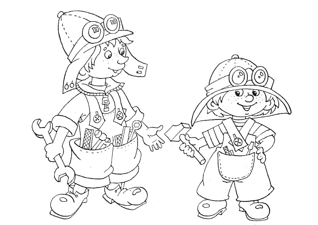 Раскраска Два мальчика-мастера с инструментами в шляпах и очках
