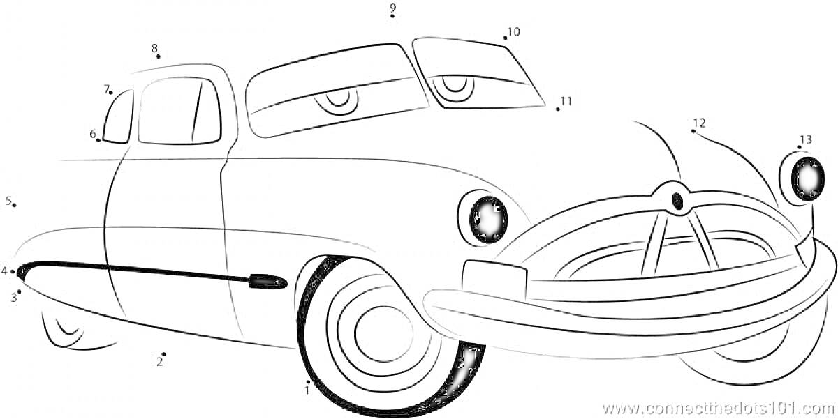 Раскраска Док Хадсон - раскраска машины с глазами, крыльями, фарами и колёсами