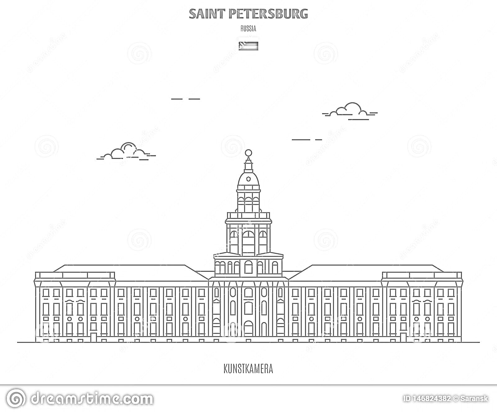 Раскраска Здание Кунсткамеры в Санкт-Петербурге с облаками и флагом России