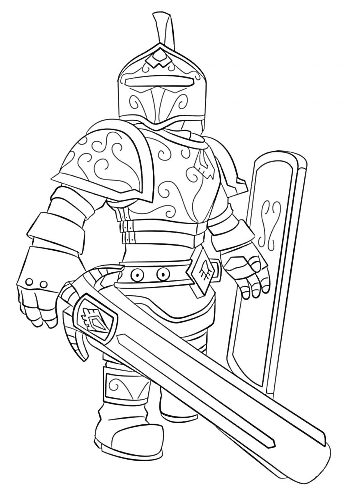 Раскраска Доспехи рыцаря из Roblox с мечом и щитом