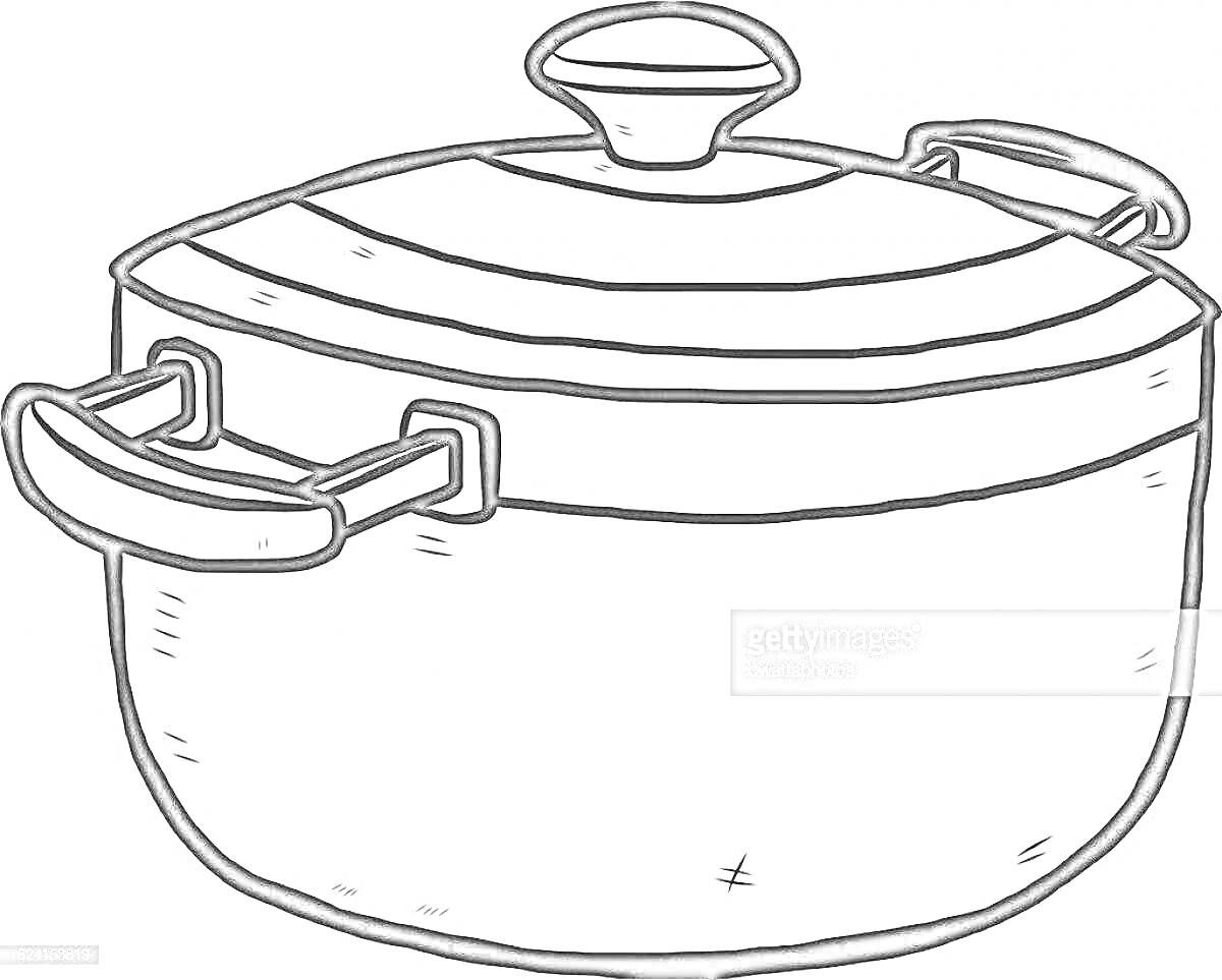 Раскраска Кастрюля с крышкой, двумя боковыми ручками и верхней ручкой на крышке