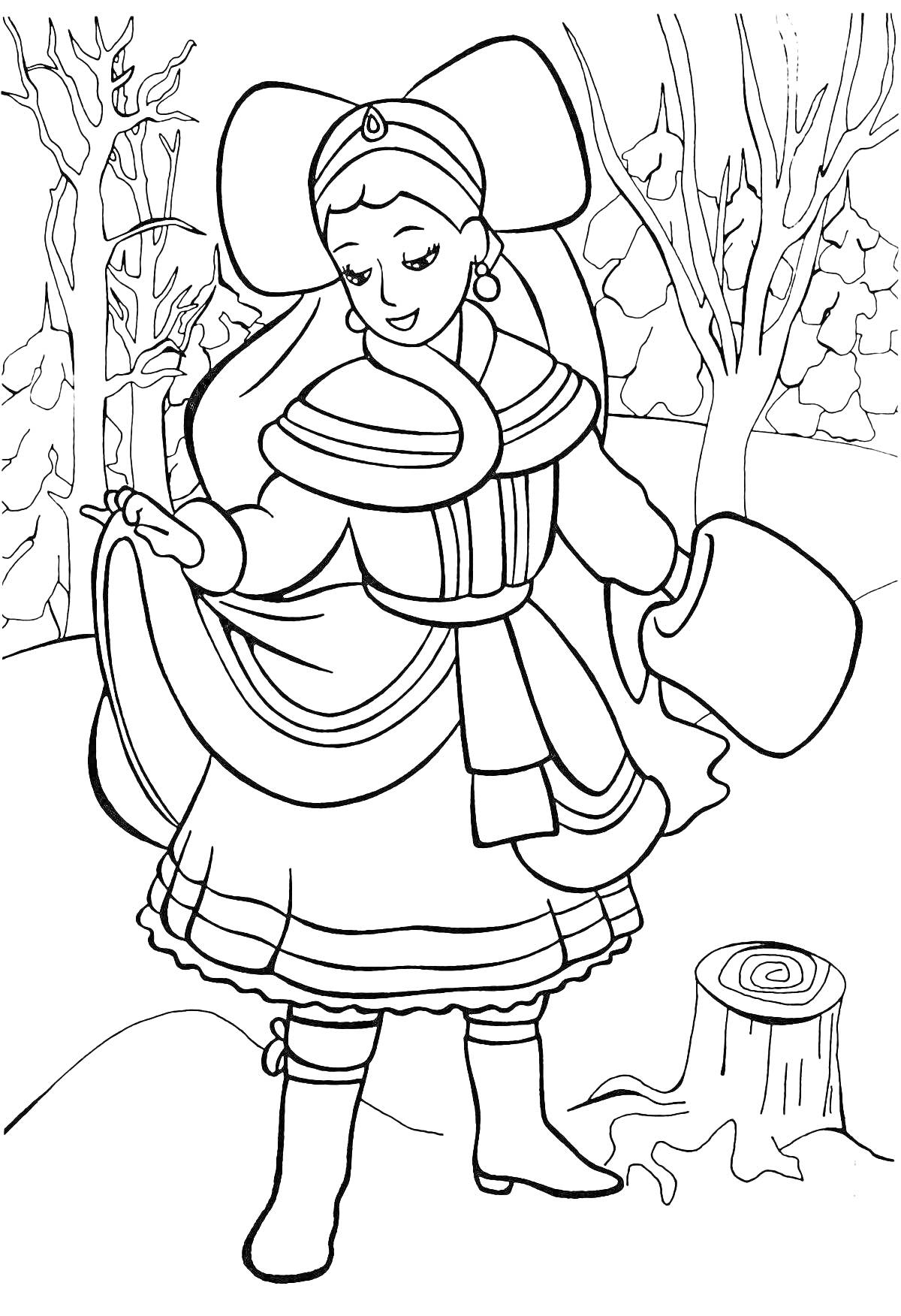 Раскраска Девочка в зимнем лесу с варежкой на руке