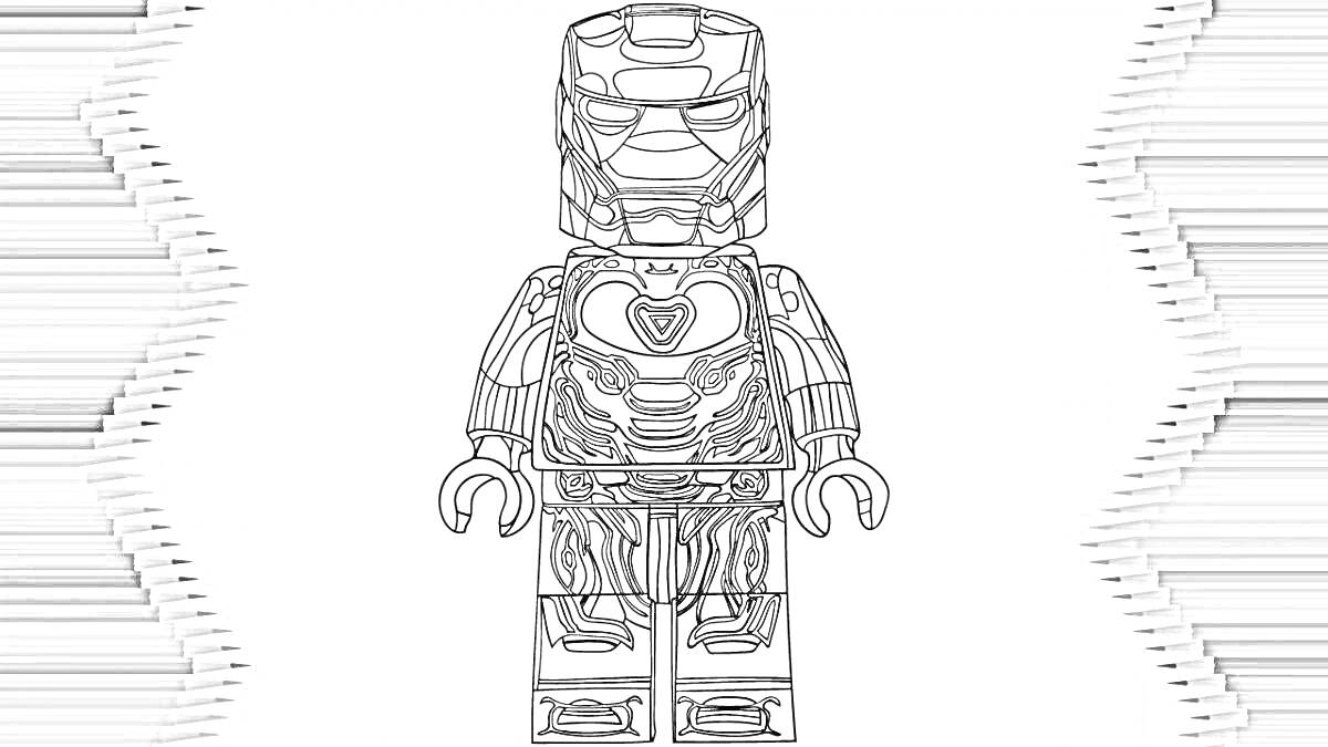На раскраске изображено: Лего, Железный Человек, Конструктор, Робот, Фантастика