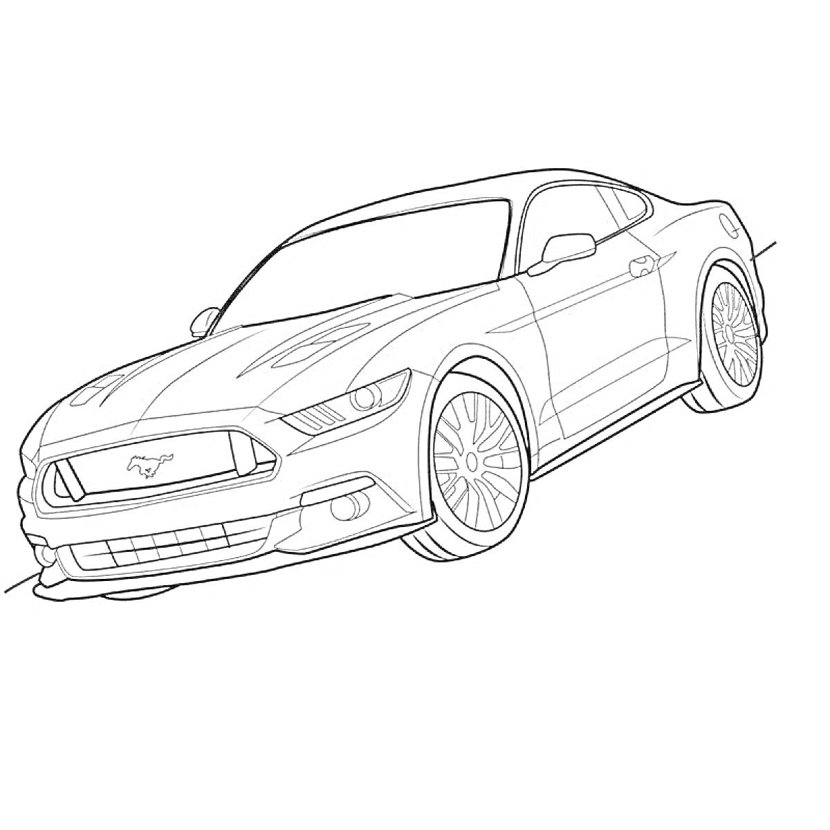 Раскраска Ford Mustang, вид спереди и чуть сбоку, спортивный автомобиль с деталями кузова, колесами и эмблемой логотипа