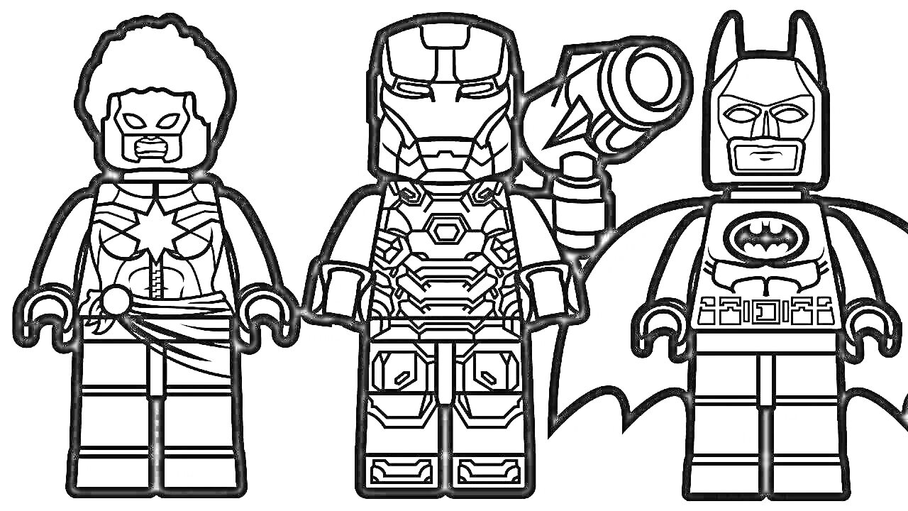 Раскраска Три лего героя: персонаж с афро и бородой, одетый в костюм с медальоном и накидкой; персонаж в бронекостюме с пушкой на плече; персонаж в костюме с плащом и маской с ушками.
