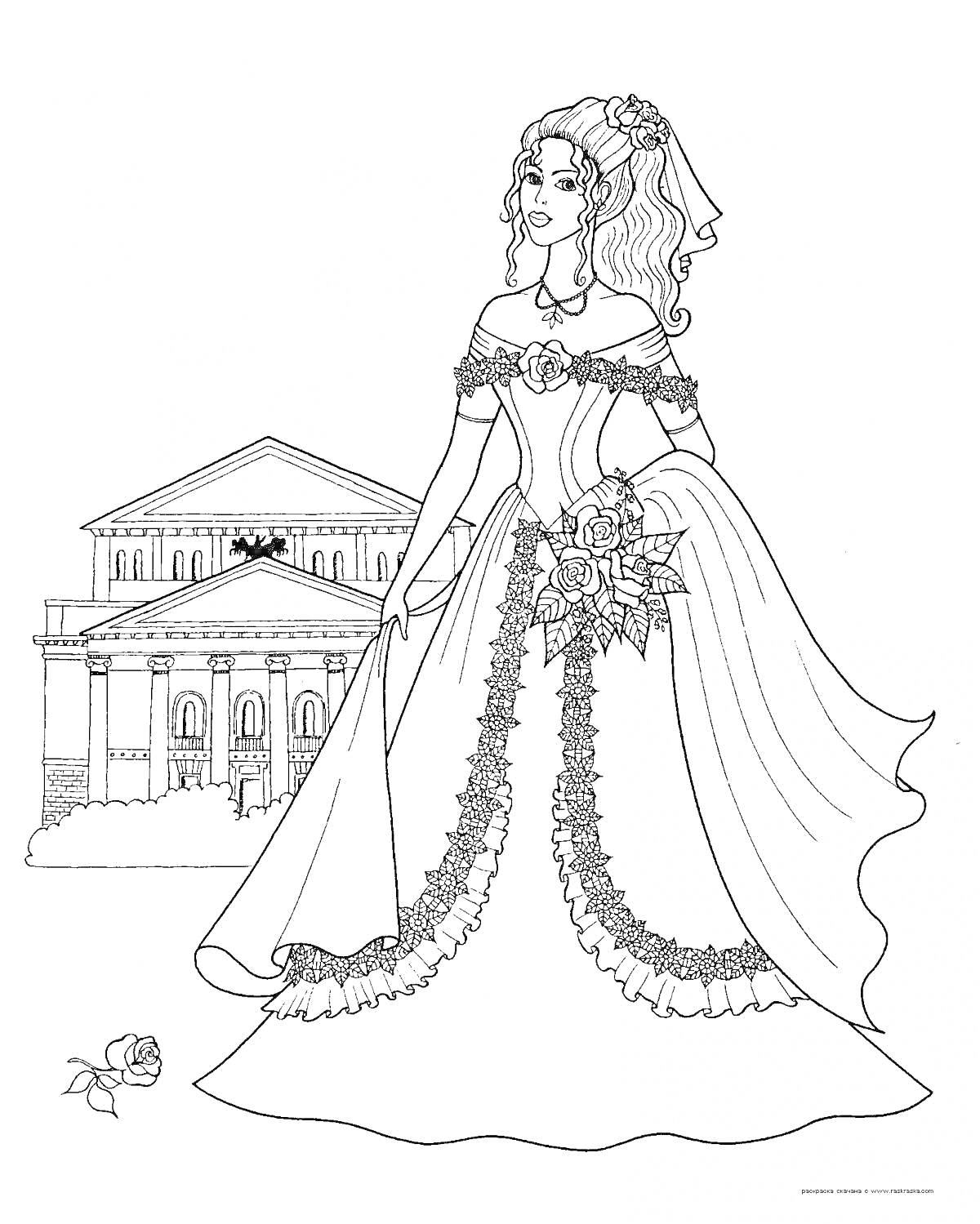 На раскраске изображено: Принцесса, Платье, Дворец, Цветы, Архитектура