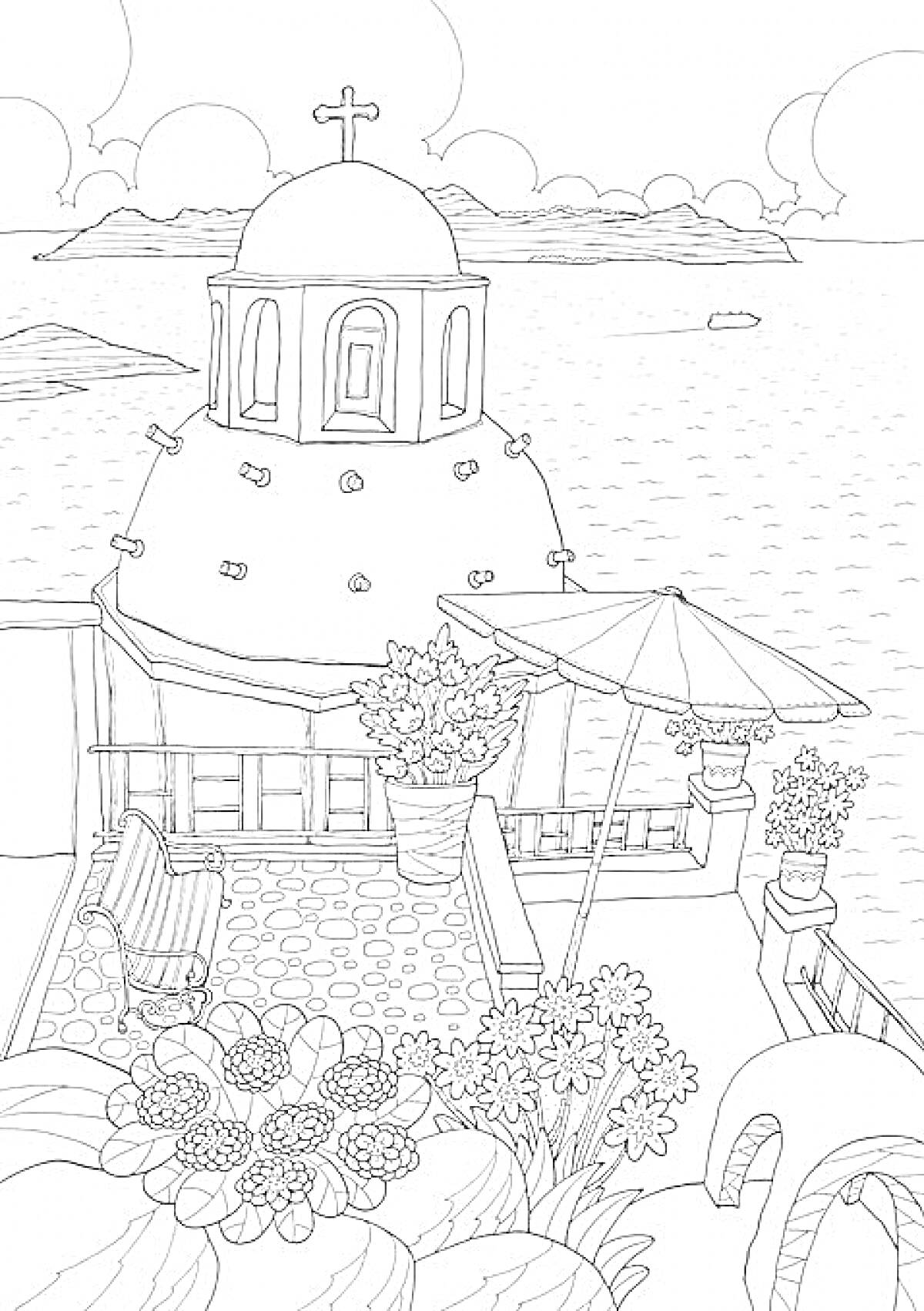 Виды с террасы на побережье: купол с крестом, море, лодка, цветы в горшках, зонтик, скамейка, арочные элементы, облака на небе.