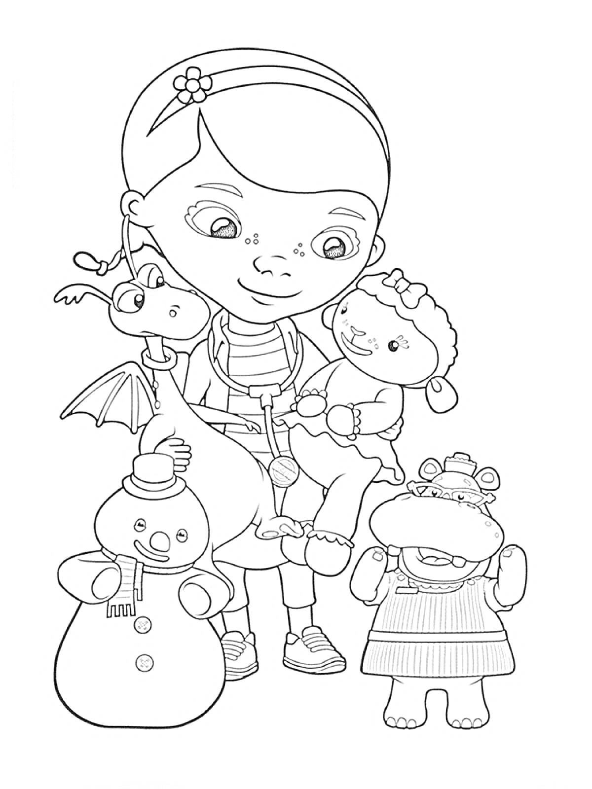 Раскраска Доктор Плюшева с плюшевыми игрушками - дракон, ягненок, снеговик и бегемотиха