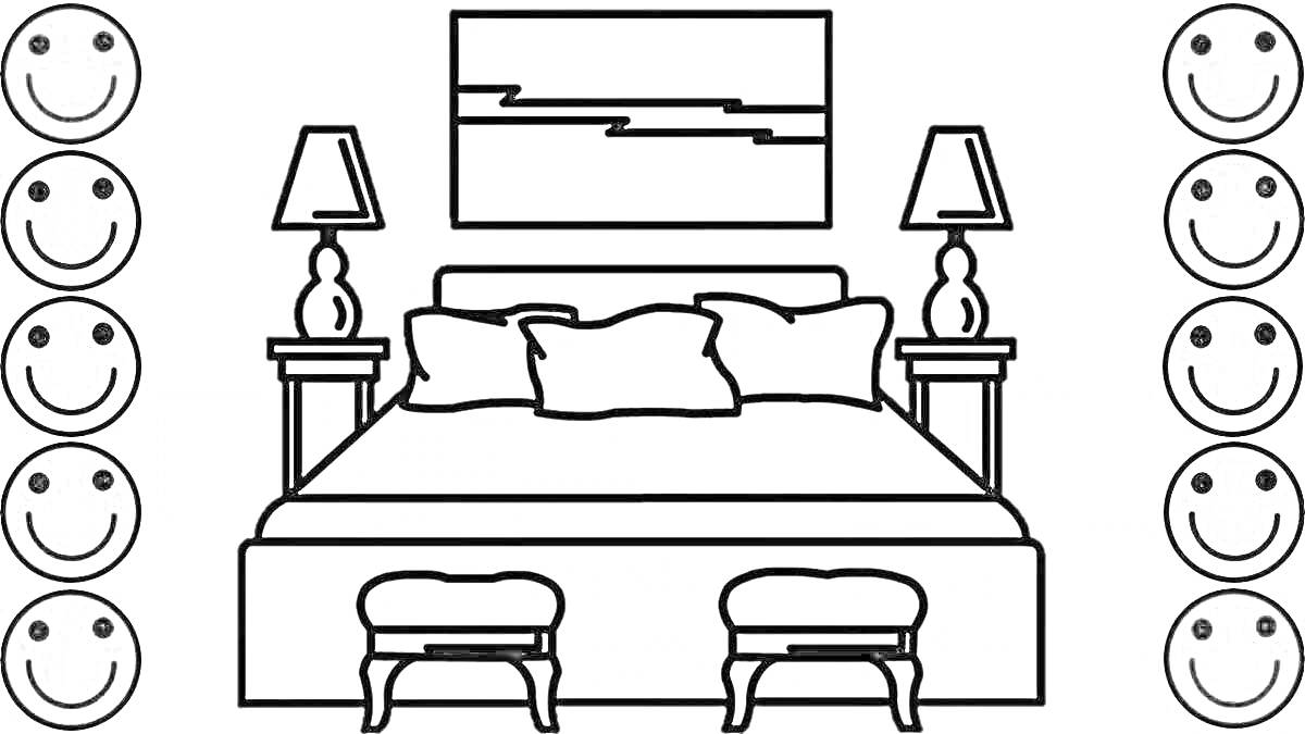 На раскраске изображено: Спальня, Интерьер, Мебель, Лампа, Подушка, Кровати