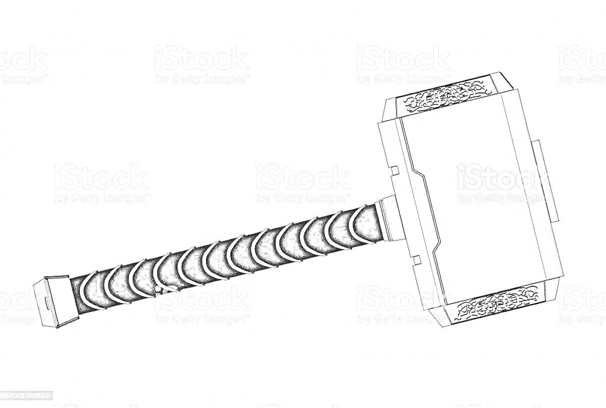 Раскраска Молот Тора с рукояткой, обмотанной полосами, и головкой с декоративными элементами
