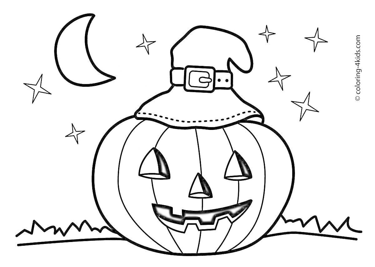На раскраске изображено: Хэллоуин, Тыква, Луна, Звезды, Ночь, Праздники
