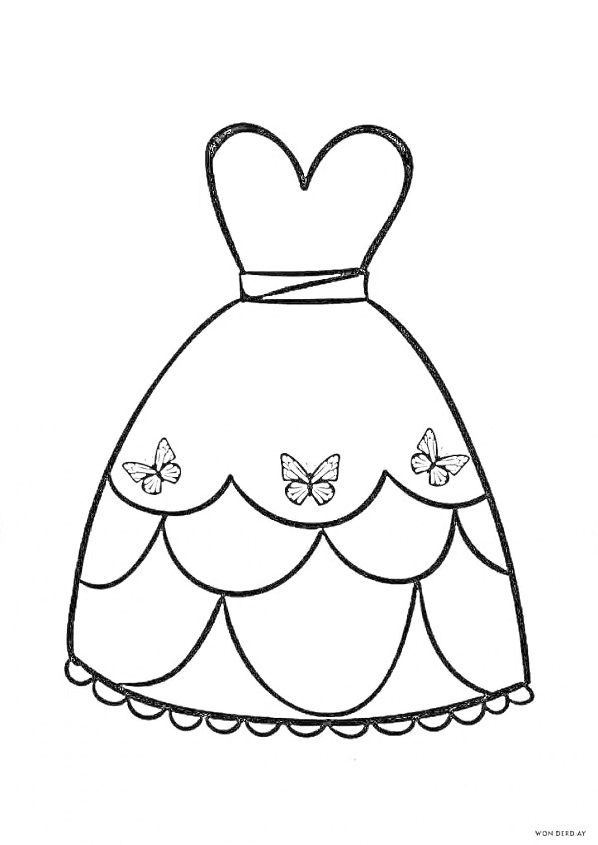 Раскраска Платье с бабочками и декоративными элементами