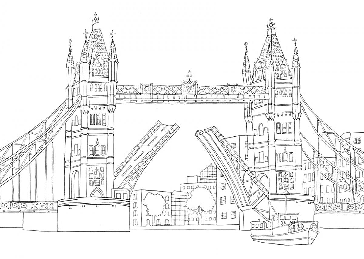Раскраска Рисунок с изображением моста, включающий поднятые пролеты, башни, здания и лодку на переднем плане.