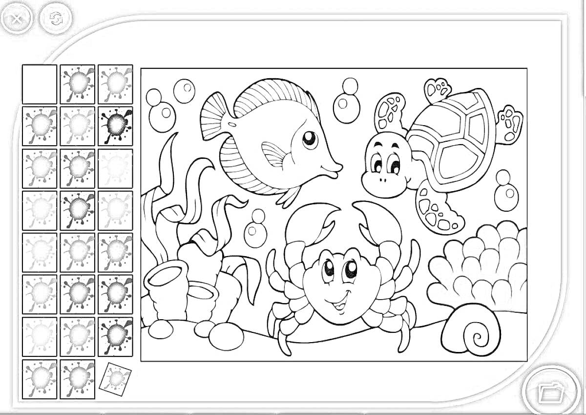 На раскраске изображено: Подводный мир, Рыба, Черепаха, Краб, Водоросли, Кораллы, Морское дно, Для детей, Пузыри