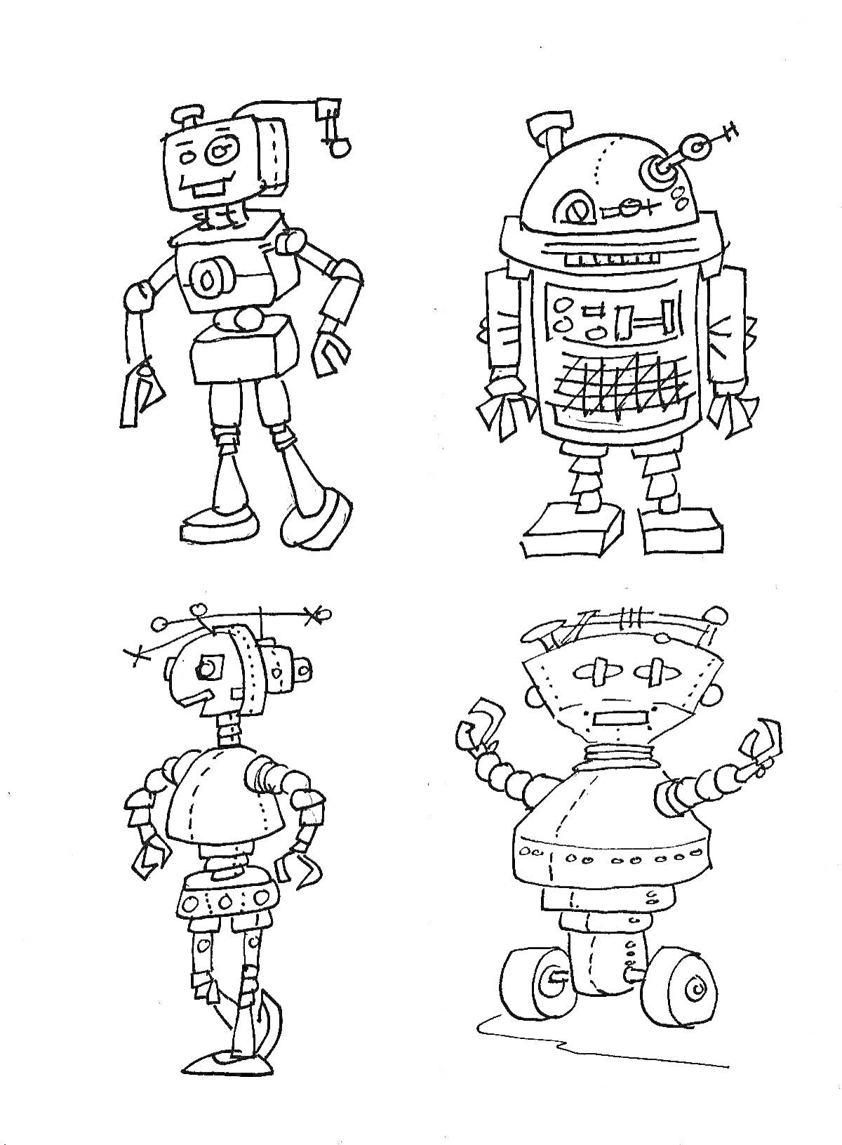 Раскраска четыре робота с антеннами и экранами