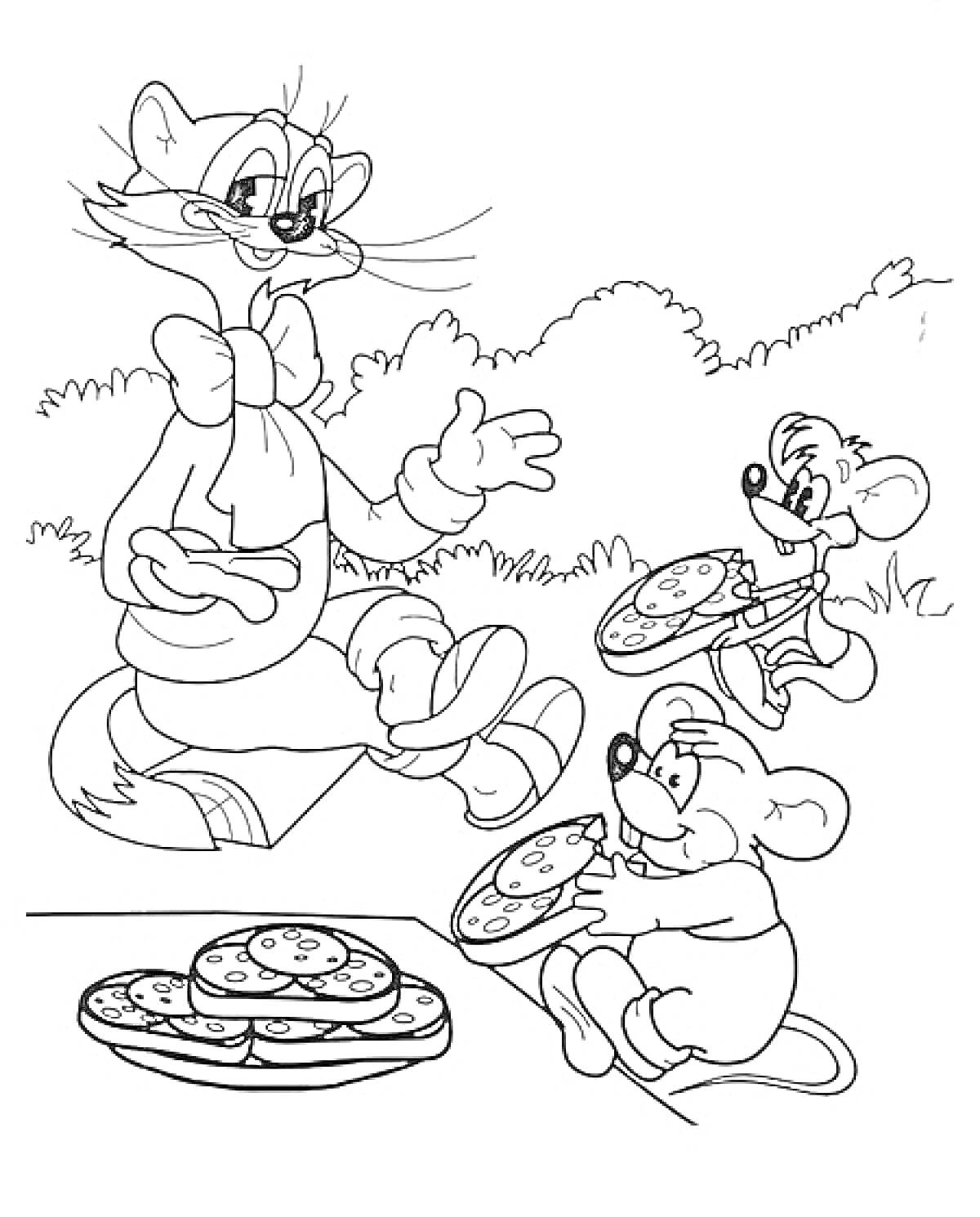 Кот Леопольд и мыши на пикнике с пиццей