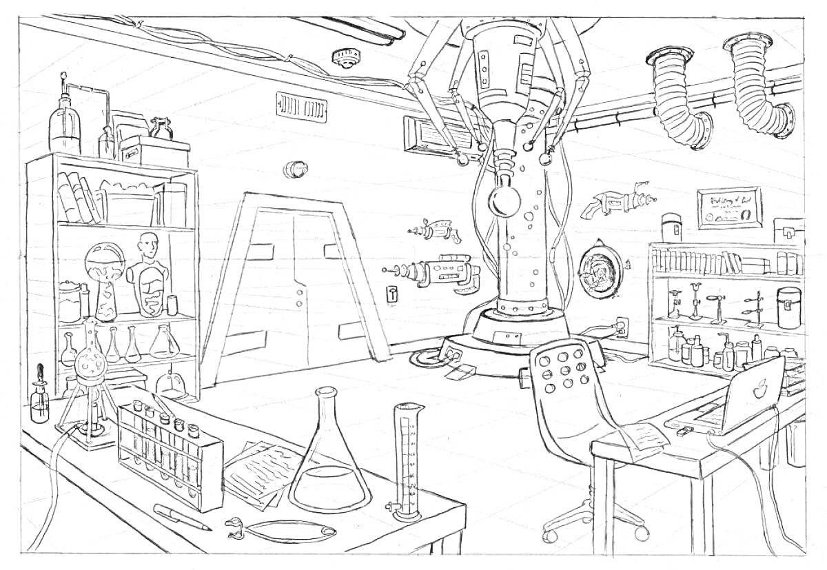 Раскраска Лаборатория школы будущего с химической аппаратурой, компьютером на рабочем столе, книжными полками, лабораторными колбами, пробирками и крупным научным оборудованием