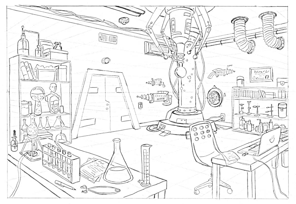 Лаборатория школы будущего с химической аппаратурой, компьютером на рабочем столе, книжными полками, лабораторными колбами, пробирками и крупным научным оборудованием