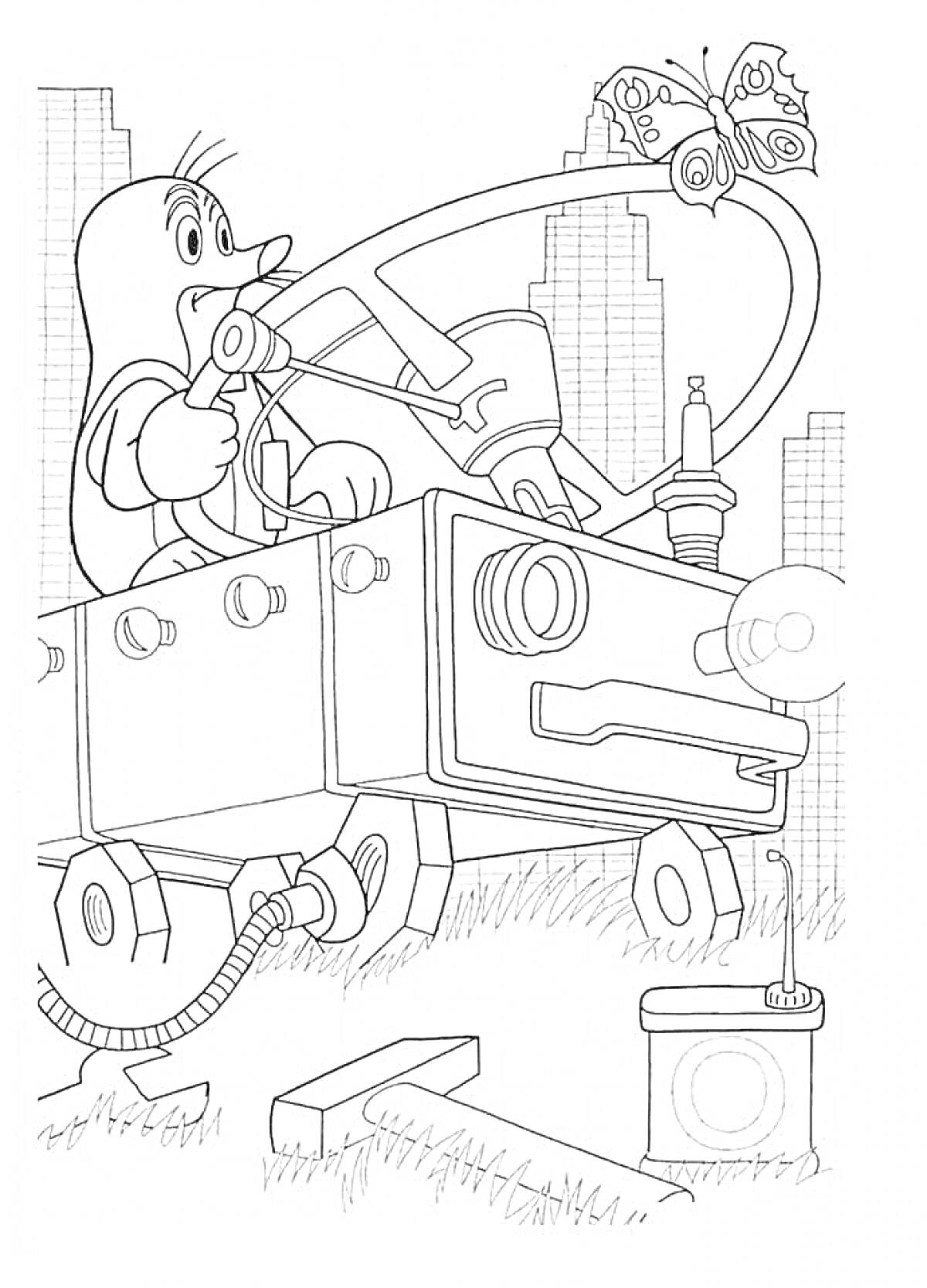 Раскраска Кротик за рулем машины, бабочка, трава, город на заднем плане